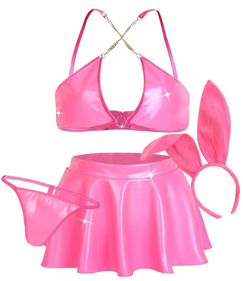 3725 Cosplay Costume PU Leather Bunny Lingerie Sets Bra Tops High Waisted